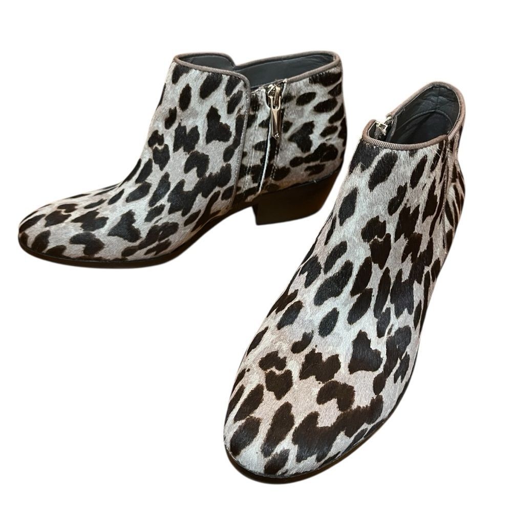 Sam Edelman Fur Boots Grey Leopard Calf Hair Ankle Booties Heeled Women's Size 7